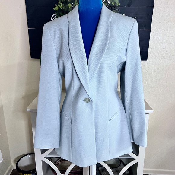 Cache Jackets & Blazers - VTG Cache Ribbed Light Blue Tailored Jacket Blazer Below Hip Size 10